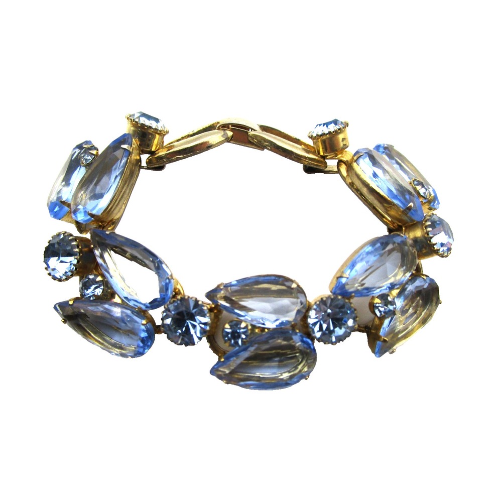 Juilana Vintage Bracelet Light Blue Clear Large Open Back Stones Gold Tone 7"